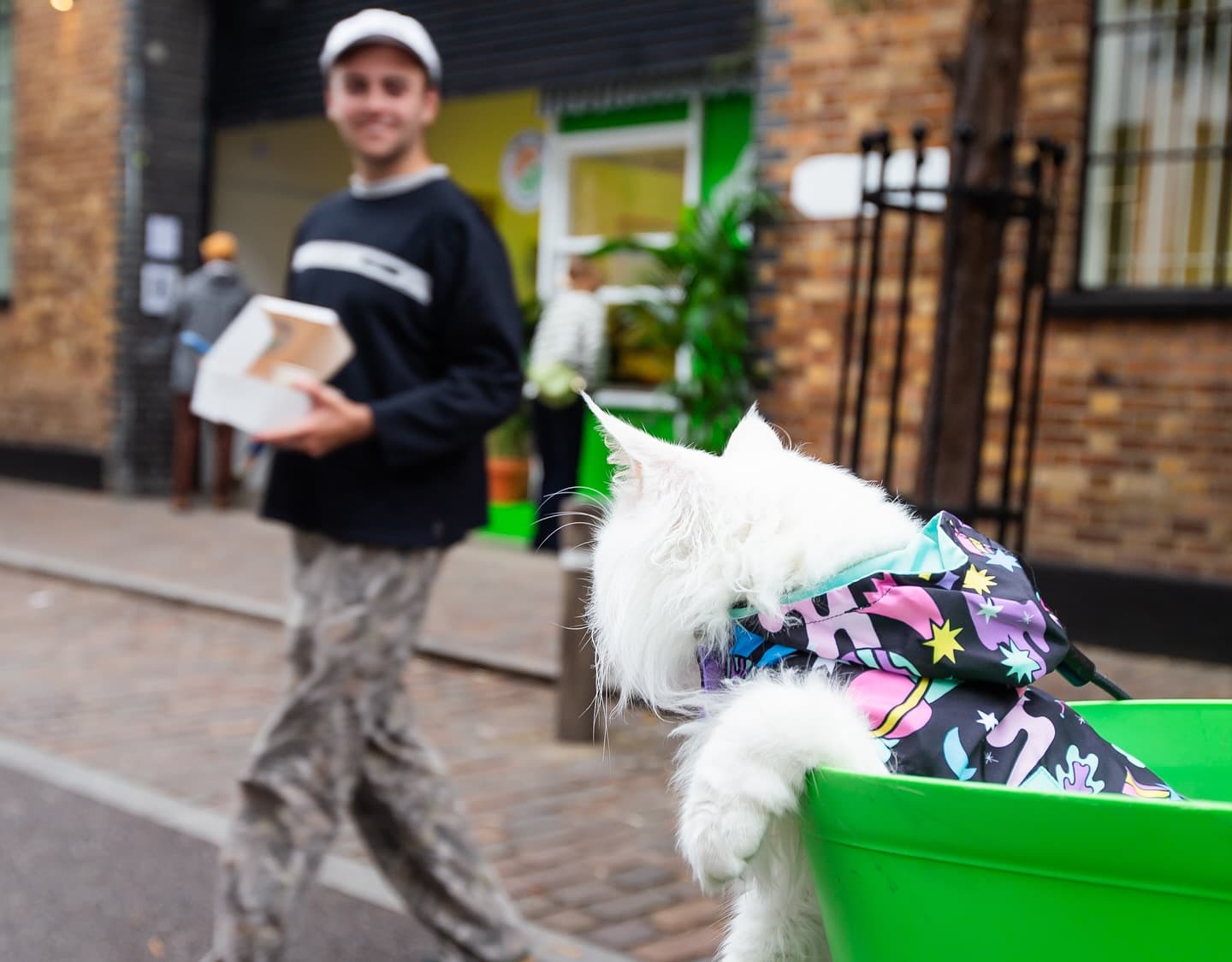 A dog rides in a Lime bike basket outside the Lime-Thru Bakery pop-up while its owner carries a cronut box